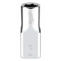 This 6 mm socket features a 1/4 in drive size and a 6-point design for a secure grip on hex fasteners. The chrome finish resists corrosion. Its anti-roll hex shape prevents the socket from rolling on sloped surfaces, making it suitable for use in automotive and mechanical applications.