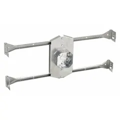 Steel octagonal ceiling electrical box with 2-gang capacity and 1-1/2 in depth. Features a T-Bar Hanger bracket for mounting in suspended ceiling grids. Suitable for supporting ceiling fans or other fixtures in commercial and industrial settings.