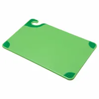 This green co-polymer cutting board measures 18 inches in length by 12 inches in width. It is NSF Certified for sanitation compliance in food preparation environments. The board is suitable for use in commercial kitchens and food service operations, with the green color typically designating produce preparation in color-coded systems