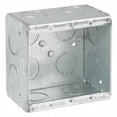 This RACO 2-gang masonry electrical box is constructed of steel and measures 3-3/4 inches in width and height with a 2-1/2 inch depth. It is designed for embedded mounting in concrete or block walls, providing a secure enclosure for switches or outlets. The box is supplied without clamps or brackets.