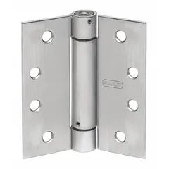 Full mortise-mount spring hinge for self-closing doors. Steel construction with 4 in overall height and 1 5/8 in frame leaf width. Suitable for industrial and commercial applications requiring automatic door closure.