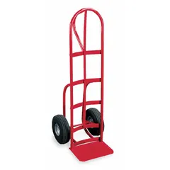 General purpose hand truck with a single-loop handle and red steel frame. Equipped with 10-inch pneumatic wheels for shock absorption and maneuverability on uneven surfaces. Suitable for moving heavy loads in warehouses, factories, and delivery settings.