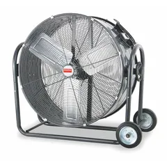 This mobile industrial floor fan from Dayton features a 30-inch blade diameter and a 1/3 hp direct-drive motor, operating on 120V AC. Constructed with steel and equipped with OSHA-compliant guards, it is designed for air circulation and ventilation in industrial environments such as warehouses, factories, and workshops.
