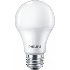 This PHILIPS LED bulb features an A19 classic shape with a medium screw (E26) base. It operates at 120V, consumes 11W, and produces 3000K warm white light. The frosted finish provides diffused illumination suitable for general lighting in table lamps, ceiling fixtures, and wall sconces.
