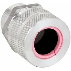 Straight metallic cable grip with 1 in MNPT box connection, accepting cord diameters from 1.00 in to 1.13 in. Body is aluminum with silver finish and pink color-coded grommet. Rated IP66 and Class I, Division 2 for hazardous locations. Overall length 2 5/16 in.