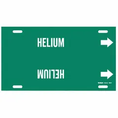 Green strap-on pipe marker with white legend reading 'Helium' and directional arrows. Fits pipe outer diameters from 6 to 7-7/8 inches. Used to identify helium lines in piping systems, aiding in clear labeling and flow direction indication.