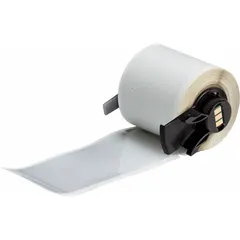 Silver polyester precut label roll measuring 4 in x 1 29/32 in. Halogen-free material suitable for industrial labeling. Compatible with BMP61 printer series.