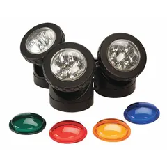 This LED pond and fountain spotlight from POND BOSS is designed for underwater or outdoor illumination of water features, gardens, and landscaping. It includes three bulbs, each rated at 1.5 W, operating on 12V AC, with a 10 ft cord length for flexible placement.