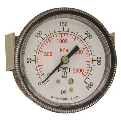 WINTERS Panel-Mount Pressure Gauge: U-Clamp, 0 psi to 300 psi, 2 1/2 in Dial, 1/4 in NPT Male - U-Clamp Panel-Mount with Brass/Bronze Wetted Parts