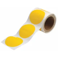 Solid yellow circle-shaped floor marking tape with no legend. Made of 8 mil thick polyester backing. Each tape measures 3 1/2 inches in diameter. Supplied in a 350-pack. Used to designate locations, mark hazards, or create visual cues on floors in industrial facilities