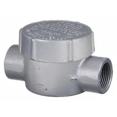 Iron C round body straight-type conduit outlet body with triple-coat epoxy finish. 3/4 in trade size, threaded female hub for use with threaded IMC. Includes cover, 7.3 cu in capacity. UL 886 listed for hazardous locations. Provides conductor access in conduit systems.