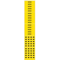 Yellow adhesive pipe marker with black 'Oxygen' legend and directional arrows. Fits pipes with outside diameter of 3/4 in and smaller. Each pack includes 3 markers. Used to identify oxygen lines in industrial piping systems.