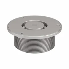 This ZURN floor drain grate is made of stainless steel with an unfinished finish. It has a 6-inch overall diameter and 2 1/4-inch overall height, with a screw-in connection for secure installation. Designed for institutional settings, it covers floor drains to allow water passage while blocking debris.