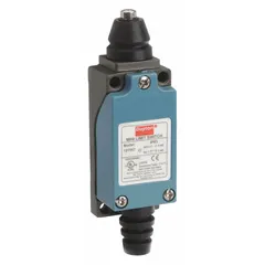 Top-mount limit switch with plunger actuator, designed for 21 mm mounting hole horizontal center-to-center distance. Features screw terminals for electrical connection. Used in industrial automation to detect position or presence of moving parts in conveyor systems, packaging machinery, and material handling equipment.
