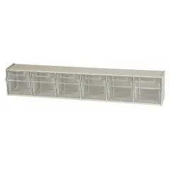 This AKRO-MILS tip-out bin is designed for frame, panel, rail, or wall mounting. It measures 3 3/4 in x 23 5/8 in x 4 1/2 in and comes in a beige unfinished finish. Used for organizing small parts in industrial workstations, assembly lines, and maintenance areas.