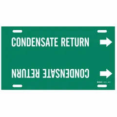 Green snap-on pipe marker with white legend text reading 'Condensate Return'. Fits pipe outer diameters from 6 to 7-7/8 inches. Includes directional arrows. Used to identify pipes carrying condensed steam in industrial steam systems.