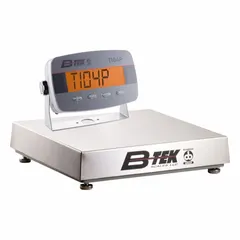 Stainless steel bench scale with corded remote indicator. Capacity 100 lb, readability 10 g/0.010 kg/0.35 oz/0.02 lb. IP54 rated for dust and splash protection. RS-232 port for data output. Suitable for general industrial weighing, portioning, and checkweighing.