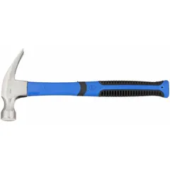 This steel straight-claw hammer has a 16 oz head and 13 in overall length. It features a fiberglass handle with a ribbed grip and a smooth face with a tempered striking surface. Suitable for driving and pulling nails in construction, framing, and general maintenance tasks.