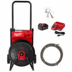 This cordless drum machine operates on the M18 battery system, designed for clearing blockages in pipes from 1 1/2 in to 3 in diameter. It features a 3/8 in cable diameter and includes a charger. Suitable for residential and light commercial drain cleaning tasks such as sinks, tubs, and floor drains.