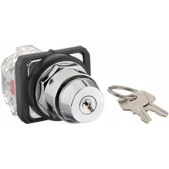 This 30 mm panel-mounted key switch features a 2-position maintained/maintained switch action with 1NO/1NC contact form. Key removal is permitted in any position. Suitable for industrial control applications requiring key-operated security, such as machine start/stop or mode selection.