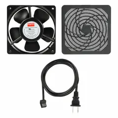 This axial fan kit delivers 85 to 95 cfm at 0.000 in static pressure. It features a polycarbonate blade, measures 4 3/4 inches in height and 1 1/2 inches in depth, and includes a cord set with NEMA 1-15 plug. The unit has terminals and an IP20 rating, suitable for cooling and ventilating electronic enclosures and control panels.