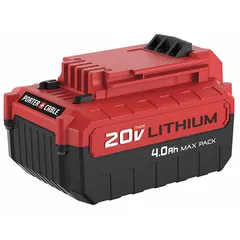 This 20V MAX* lithium-ion battery delivers 4 Ah capacity for extended runtime on compatible cordless tools. It is suited for powering drills, saws, and impact drivers in construction, woodworking, and maintenance tasks. The battery operates at 20V DC and works with PORTER CABLE 20V MAX* chargers.