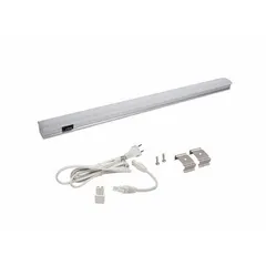 This 18-inch linear LED under-cabinet light fixture operates on 120V AC with a plug-in connection. It delivers 664 lumens at 4500K neutral white light, consuming 6.4 watts. The fixture features an aluminum housing and a height of 1 inch. Suitable for task and accent lighting under cabinets or shelves.