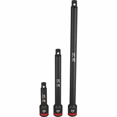 This impact socket extension set extends the reach of 3/8 in drive ratchets or impact wrenches to access fasteners in confined spaces. The black phosphate finish provides corrosion resistance. Suitable for automotive, construction, and industrial maintenance tasks using high-torque impact tools.