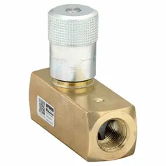 Brass-bodied flow control valve with 1/2 in NPT ports and manual rotary knob adjustment. Rated for maximum flow of 15 gpm. Suitable for regulating fluid flow in hydraulic systems handling water, oil, or non-corrosive fluids.