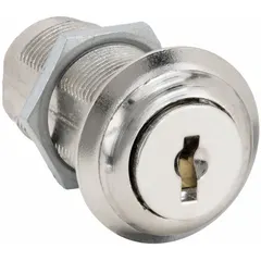 Keyed cam lock with zinc die-cast construction and nickel finish. Features keyed alike operation and quarter-turn clockwise unlock. Suitable for securing cabinets, lockers, and enclosures in industrial, commercial, and institutional settings.