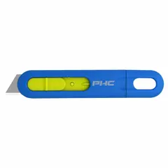 Plain-edge utility knife with automatic blade retraction for safety. Plastic blue body with slide release button and carbon steel standard tip. Overall length 5 1/2 in, width 1 in. Sold in pack of 10. Suitable for cutting cardboard, plastic strapping, and packaging materials.