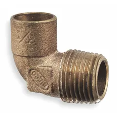 Cast copper 90° elbow with cup (sweat) connection on one end and male NPT threads on the other. Used to join 1/2 in CTS copper tube to 1/2 in male threaded pipe in plumbing and HVAC systems for directional changes.
