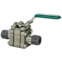 This Parker three-piece straight-body ball valve is constructed from 316 stainless steel for corrosion resistance. It features sweat x sweat connections and a locking lever handle for secure on/off flow control. Suitable for use in industrial piping systems, HVAC, plumbing, and process applications.