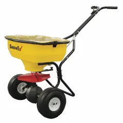 This manual walk-behind spreader features a steel frame and a polyethylene hopper with a 100 lb capacity. It delivers a maximum spread width of 20 ft, suitable for distributing salt or ice melt on walkways, driveways, and parking lots.