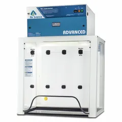 This ductless fume hood captures and filters airborne contaminants, protecting personnel from hazardous fumes, vapors, and particulates during chemical handling or sample preparation. It is partially assembled and includes a blower and work surface; a base/stand is required and not included.