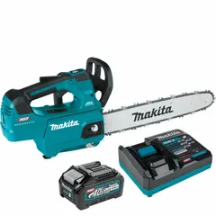 This battery-powered chainsaw features a top handle design for maneuverability in tight spaces. It includes an automatic chain oiler for consistent lubrication. The 40 V system is powered by a 5.0 Ah battery. Suitable for pruning, limbing, and light tree care tasks.