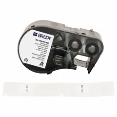 This vinyl, white (matte) wraparound label is designed for wire and cable identification on 16 AWG to 8 AWG wire gauge. It is supplied as a precut label roll cartridge compatible with the M510 printer series. Typical applications include marking wires in electrical panels, machinery, and control systems.