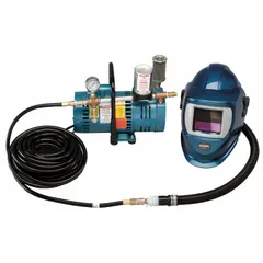 Single-user supplied air respiratory system including a 3/4 hp pump, 50 ft breathing hose, and Allegro 9904-W helmet. Designed for continuous airflow protection in environments requiring breathable air, such as painting, chemical handling, and abrasive blasting.