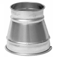 Stainless steel reducer for transitioning between 7-inch and 5-inch duct diameters. Used in ventilation and exhaust systems to connect duct sections of different sizes. Overall length 8 inches.