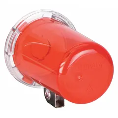 This removable-cover lockout device secures push buttons up to 0.63 inches in diameter. It isolates control circuits during maintenance to prevent accidental machine startup. The red enclosure measures 3.133 inches by 2.5 inches by 2.5 inches.
