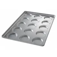 This hamburger bun pan from CHICAGO METALLIC features 15 slots and is constructed from aluminized steel. With an overall depth of 1 1/2 inches, it is suited for baking uniform hamburger buns, muffin tops, or cookies in commercial or high-volume bakery settings