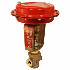 Bronze pneumatic globe valve with 1/2 in FNPT x FNPT connections. Features a 17-4PH stainless steel disc and 17-4 stainless steel seat. Air-to-spring actuation for flow regulation and shut-off in industrial fluid systems.