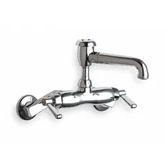 Wall-mounted widespread utility faucet with arc spout. Constructed of cast brass with polished chrome finish. Suitable for service sink applications in commercial and industrial settings.