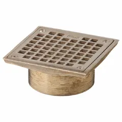 Square light-duty floor drain grate, Class A, with 5 in overall width and 2 1/8 in overall height. Nickel Bronze finish in Bronze color family. Suitable for low-traffic indoor areas such as restrooms and utility rooms.
