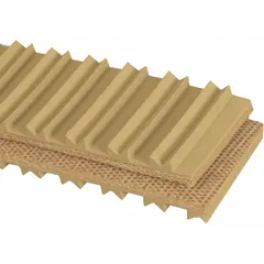 This APACHE conveyor belting is a high-grip multi-ply belt with a tan cover, 6 inches wide and 19/64 inches thick. It is supplied cut to length with a 15-foot minimum and features staple-style Alligator lacing for secure splicing. Suitable for incline or flat-bed conveyors in material handling applications.