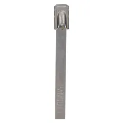 This 304 stainless steel cable tie features a retained tension locking style for secure bundling in demanding environments. With a nominal length of 12 1/2 inches and a maximum bundle diameter of 2 inches, it is suitable for securing cables in industrial, outdoor, and chemical processing applications. Supplied in a 50-pack, silver color.