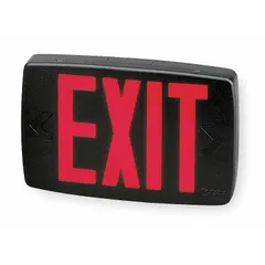 This LED exit sign features a black housing and red illuminated text. It operates on 120/277 V AC and includes universal field-selectable chevrons for directional indication. Designed for ceiling mounting, this unit does not include emergency battery backup or self-diagnostics. Suitable for marking emergency exits in commercial and industrial buildings.