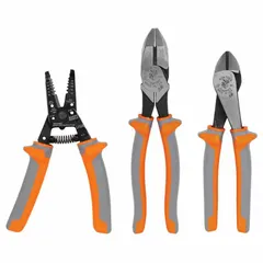 This 3-piece tool-only set includes a diagonal cutter and a wire stripper, both insulated for electrical work. The tools provide cutting and stripping capabilities for applications requiring insulation.