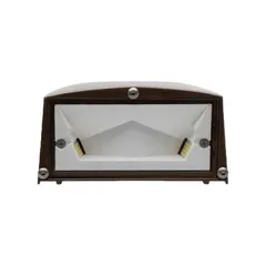 This 12 W LED wall pack delivers 1,700 lumens at 5000K with a Type IV distribution pattern, suitable for perimeter lighting on commercial and industrial buildings. It operates on 120 to 240V AC and features a bronze housing with an overall height of 8 3/8 inches. The anti-glare design provides downward-directed illumination for entrances, walkways, and loading docks.