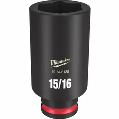 This 3/8" drive impact socket features a 15/16 in SAE size, 6-point deep design, and friction retention. The black phosphate finish provides corrosion resistance. Suitable for fastening and loosening hex fasteners with impact wrenches in automotive, construction, and industrial maintenance applications.